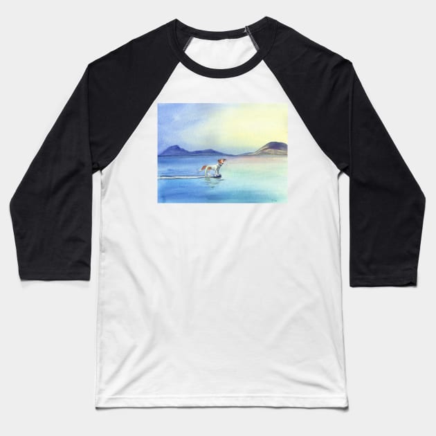 Dog on Surfboard Watercolor Painting Baseball T-Shirt by Sandraartist